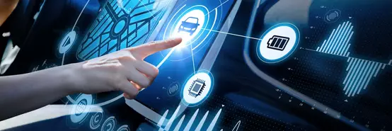 Futuristic vehicle with hand using graphical user interface