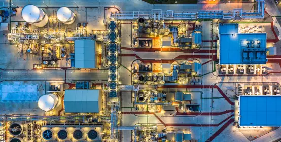 Aerial view Petrochemical plant at night, Oil refinery plant at night.