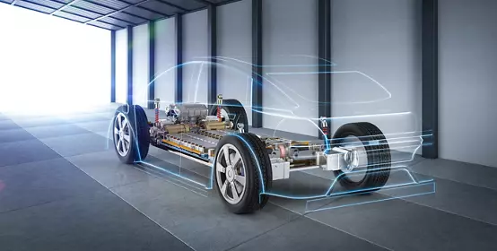 3d rendering of electric vehicle with pack of battery cells module on platform park in garage