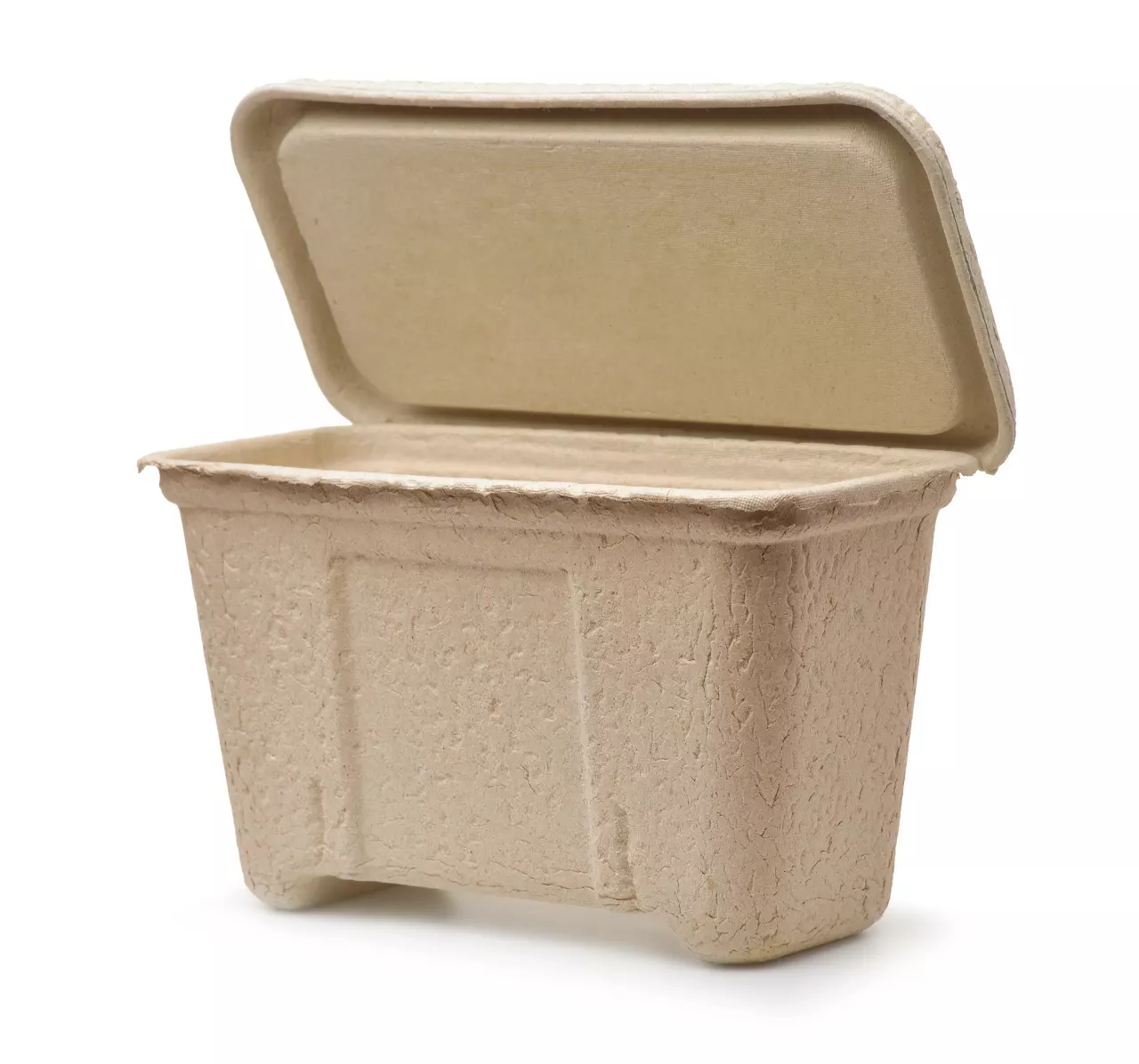 Molded paper pulp packaging container with open cover